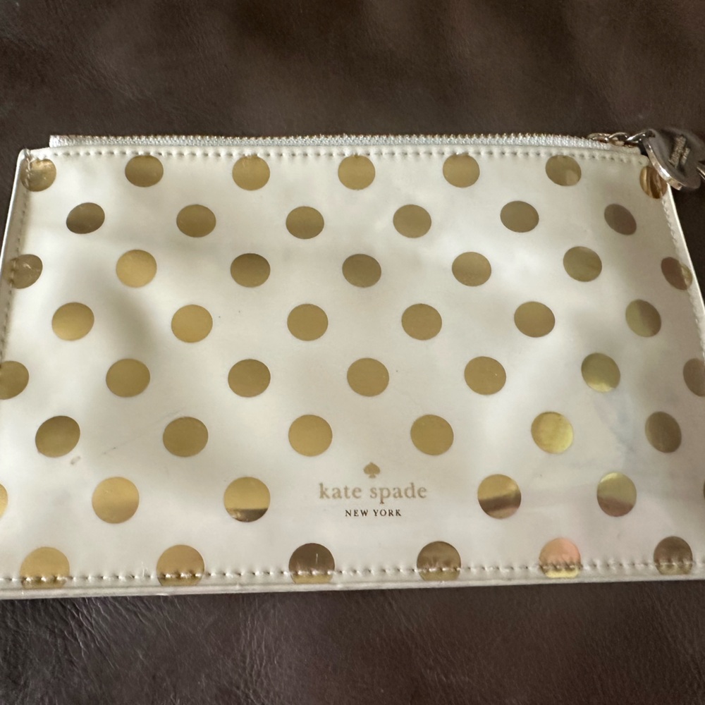 Kate Spade Gold and White Cosmetic Case with Polka Dots